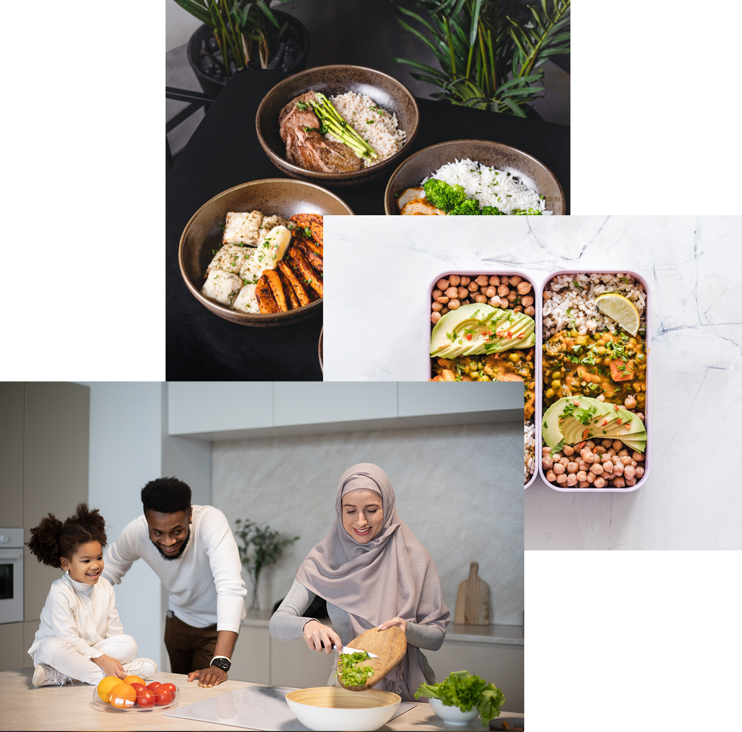 Woman enjoying food, meals in storage container, and food bowls on a table